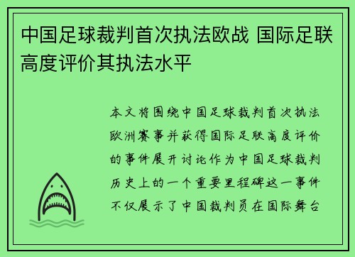 中国足球裁判首次执法欧战 国际足联高度评价其执法水平 中国足球裁判首次执法欧战 国际足联高度评价其执法水平